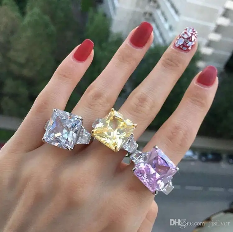 

Solid Silver Wedding Rings Three Row Princess Cut Fine Jewelry 25 Carat Women Engagement Ring