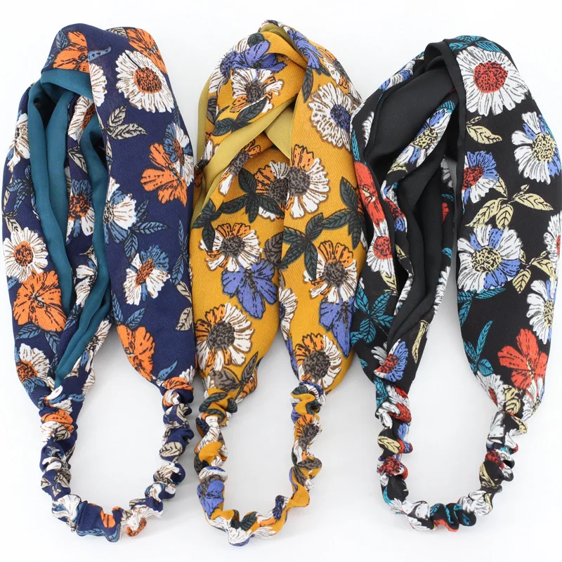 

Trendy Daisy Print Turban Elastic Hair Accessories Wrap Plaid Knot Headband Hair band for Women Girl Striped Headwear Girlfriend