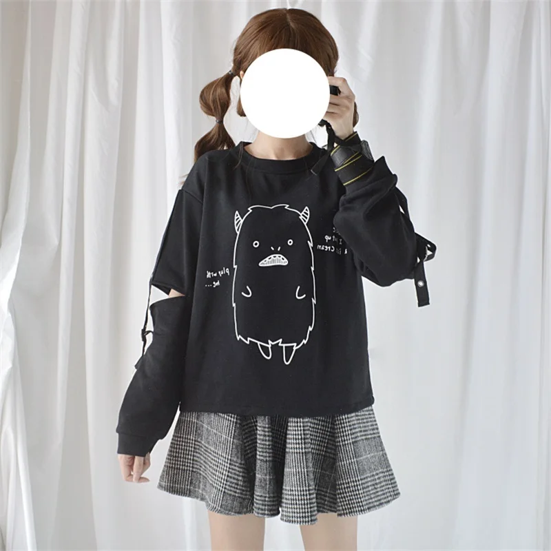 

Autumn Harajuku Black Monster Cute Women's Winter Tops Sweatshirt Hollow Out Sleeve Long Sleeve Hoodies Punk Rock Pullover