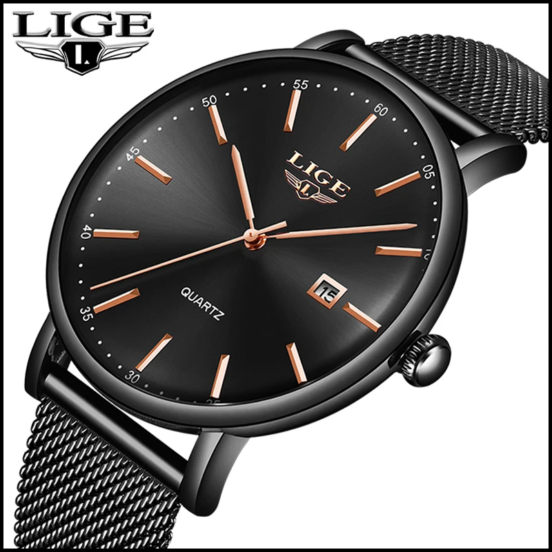 

LIGE2019 new black stainless steel business men's watch simple casual sports watch mesh with ultra-thin waterproof quartz clock