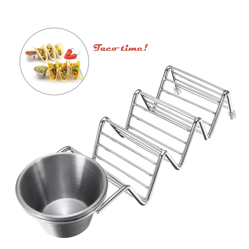 

Metal Taco Holder Made from Premium Stainless Steel for Holding 3 Tacos with Sauce Dipper and Silicone Tips
