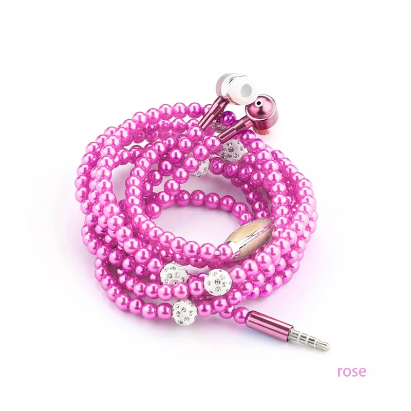 Розовые ювелирные изделия из горного хрусталя для девочек, жемчужные наушники-ожерелье с затычки в уши для микрофона для Iphone, Xiaomi, подарок на день рождения, fone de ouvido