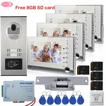 Doorphone With 7-inch Video Intercom 4 Monitors Rfid Camera Video Intercom With Recording+ 8GB GB Card +Electric Strike Lock Kit