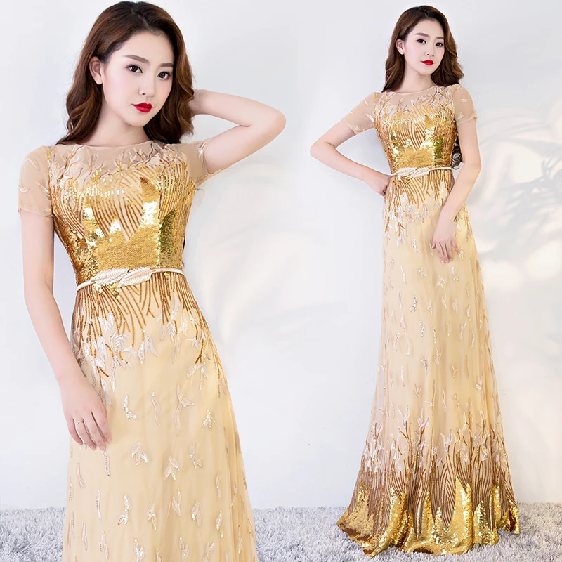 

Sexy Mermaid Evening Dresses Long Short Sleeves Sequins Prom Gown Golden Formal Dress Women Occasion Party Dresses Abendkleid
