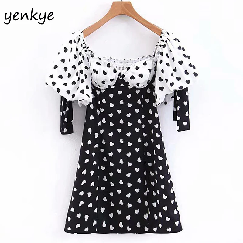 

Vintage Palace Style Sexy Off Shoulder Dress Women Heart Print Puff Sleeve Strapless A-line Mini Summer Dress LJPZ8899