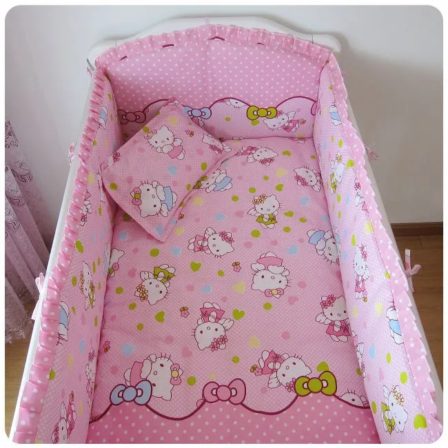 ФОТО Promotion! 6PCS Hello Kitty High Quality Cot Baby Bedding bed linen Bed Around Baby Bumper ,include(bumper+sheet+pillow cover)