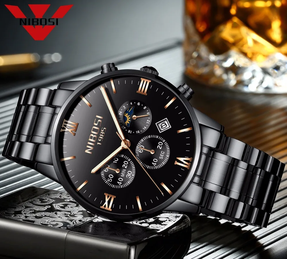 Achat NIBOSI Montre Hommes Montres De Luxe Célèbre Top Marque Hommes de Mode Casual Robe Montre À Quartz Militaire de L armée Montre Bracelet SOLEIL LUNE ÉTOILES