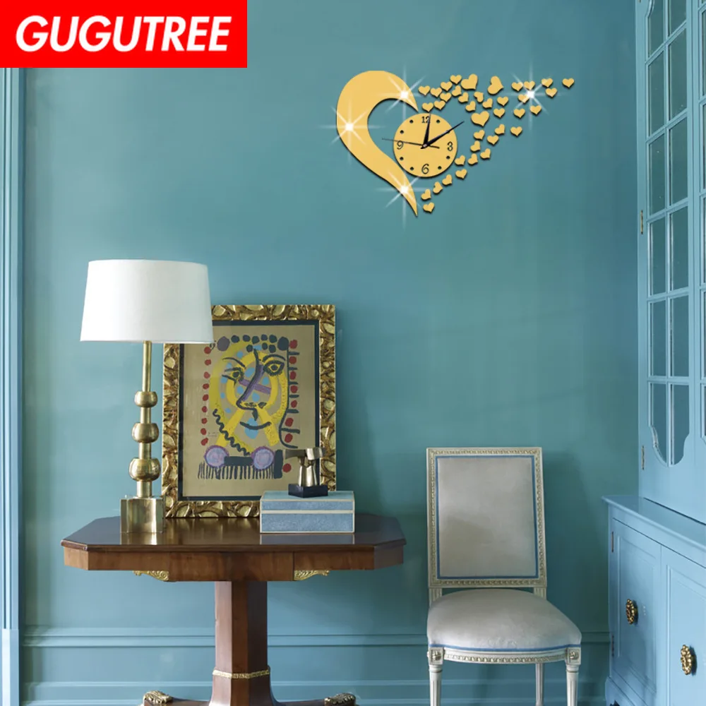 cheap Decorate Home 3D love heart clock art wall mirror sticker decoration Decals mural painting Removable Decor Wallpaper LF 1194