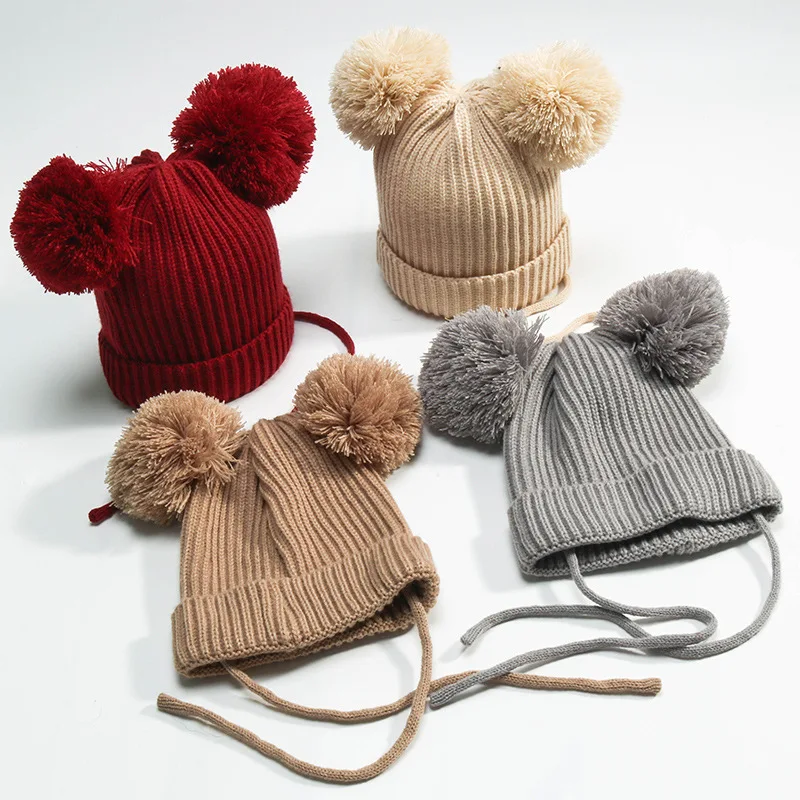2017 Autumn Winter Children Double Hairball Knitting Wool Hats New Fashion Baby Thick Hat Boy Girl Caps Baby Beanies Accessories
