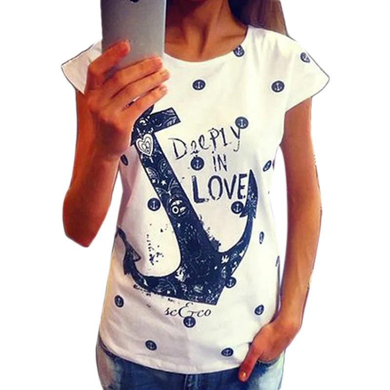 

2018 Anchor Letter Print Womens T-Shirt Summer Style Loose-Fitting Tops Female T-shirts Plus Size
