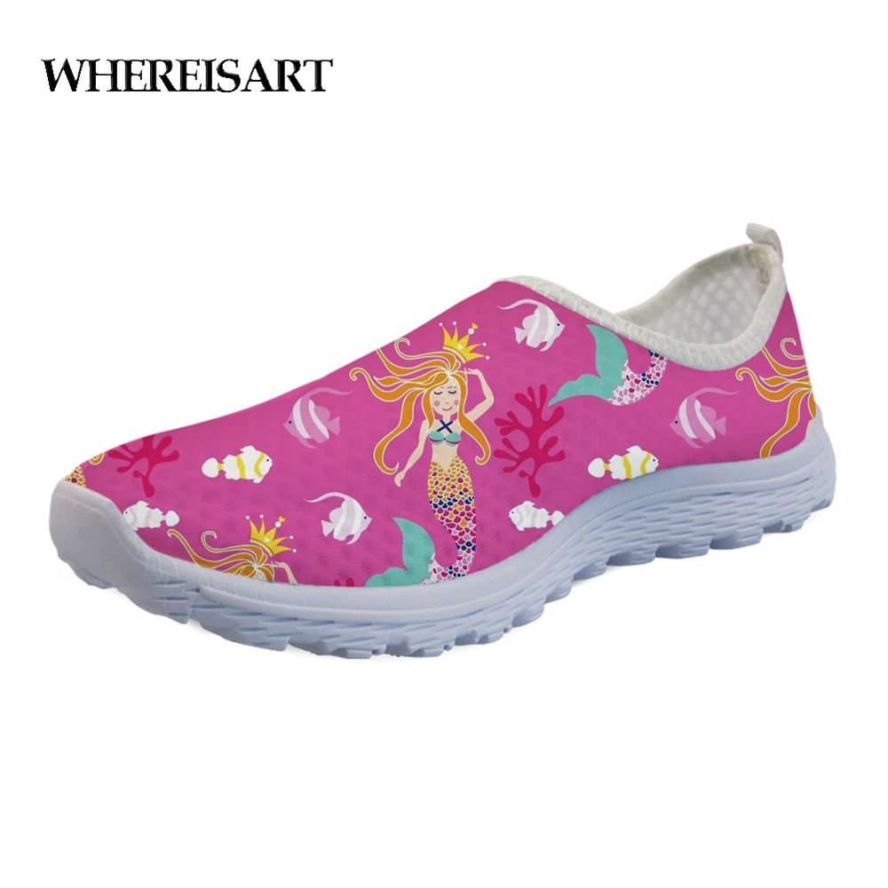 

WHEREISART Cartoon Mermaid Print Flats Pink Women Sneakers Shoes Fashion Girls Casual Light Mesh Slip-on Shoes Chaussures Femme