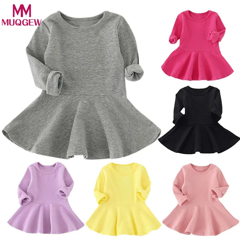 Baby Girls Dress Casual Long Sleeve Solid Tutu O-Neck Princess Toddler Kid Dress