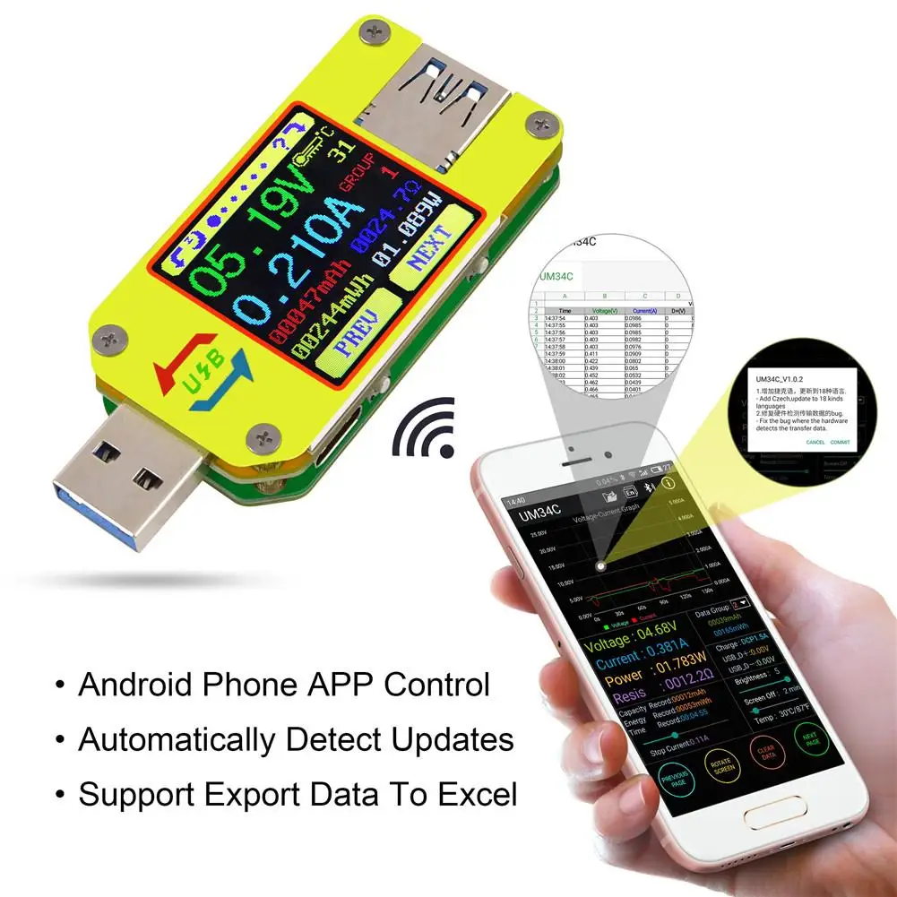 

UM34C/UM34 USB 3.0 Type-C Color LCD Tester Voltage Current Meter Voltmeter Ammeter Battery Charge Measure Cable Resistance