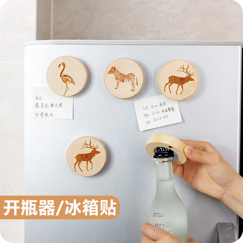 Creative Wooden Refrigerator Sticks Round Wood Beer Bottle Opener
