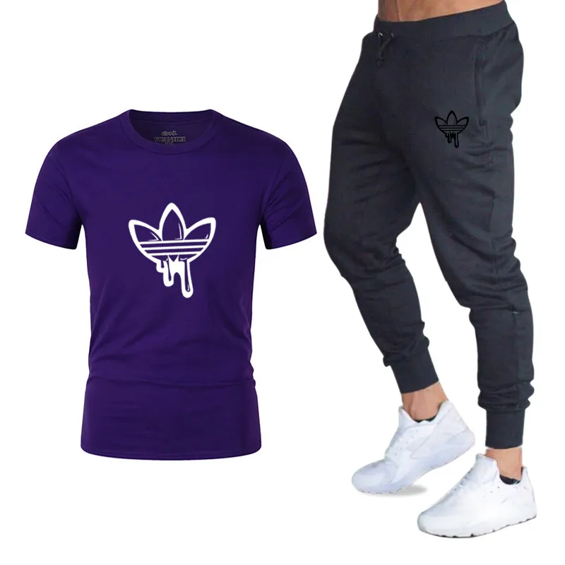 New 2018 Fashion Men's T-Shirt Gradient Top T-Shirt Set ADI Print Men's T-Shirt + Men's Trousers Quality T-Shirt Set