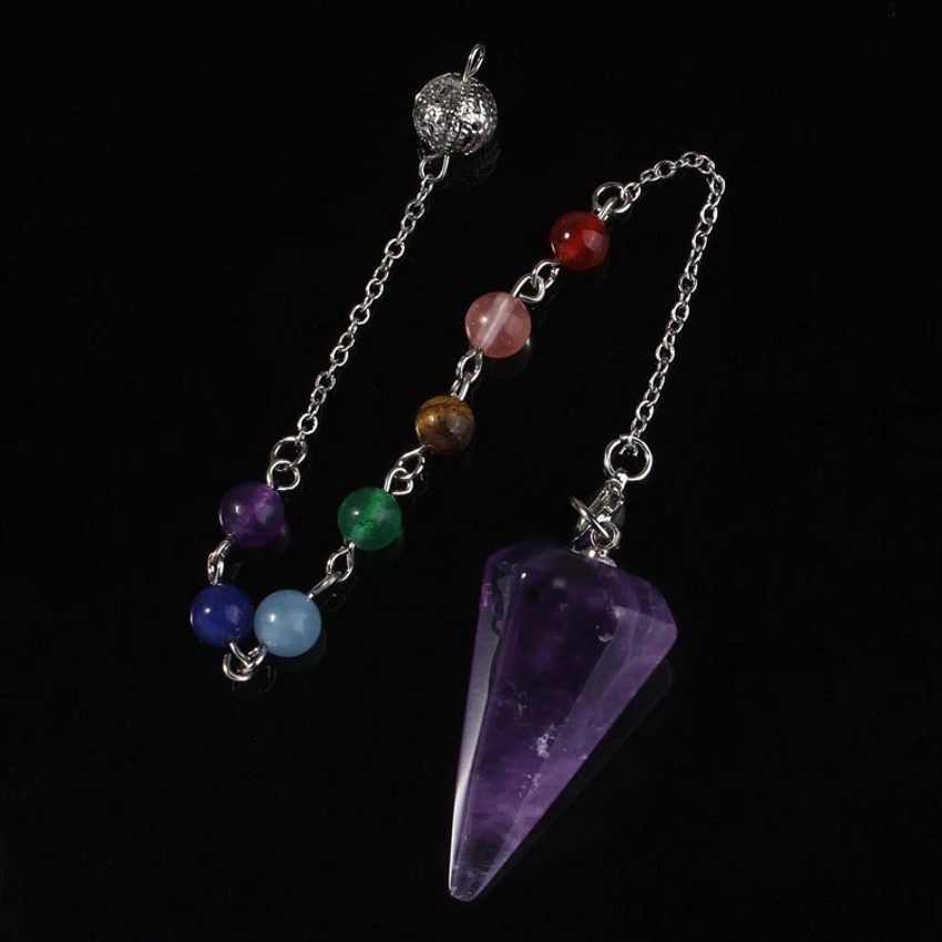 

Natural Amethyst Quartz Gem Stone Hexagon Pyramid Reiki Pendulum Pendant With Charms 7 Chakra stone beads Chain Jewelry