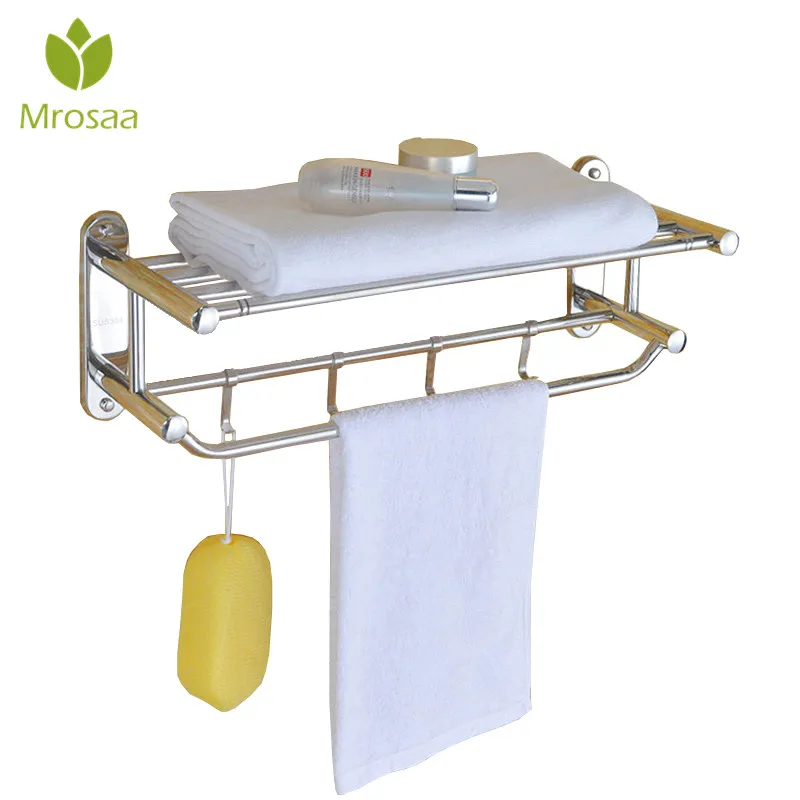 

50cm Bathroom Shelves Stainless Steel Double Layers Towel Rack Bathroom Hanger Storage Shelf with Movable Hooks Free Punching