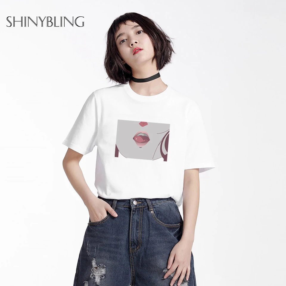 Tee Shirt Femme Lip Sexy TShirt Kawaii Korea Ulzzang Harajuku Print Women White Black Grey T-Shirt Casual Loose Short Sleeve Top Tops