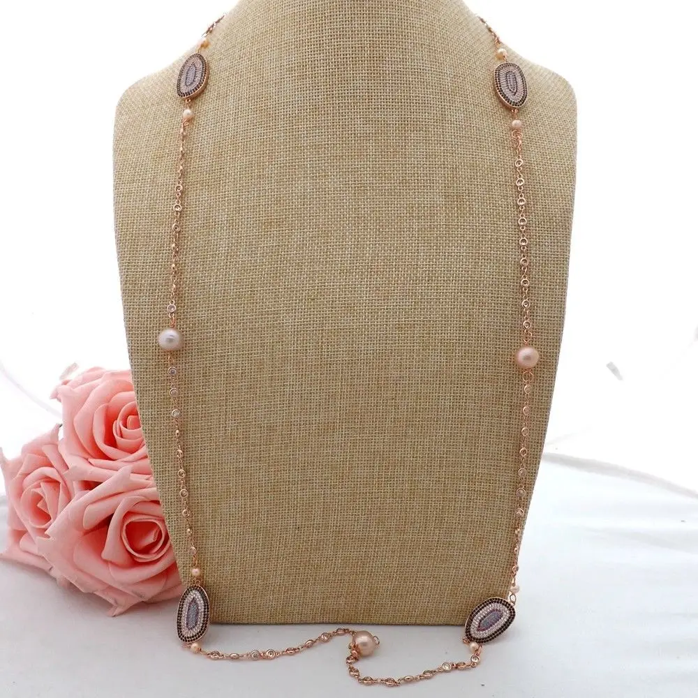 

GE061204 40" Pink Keshi Pearl Crystal CZ Pave Connector Chain Necklace