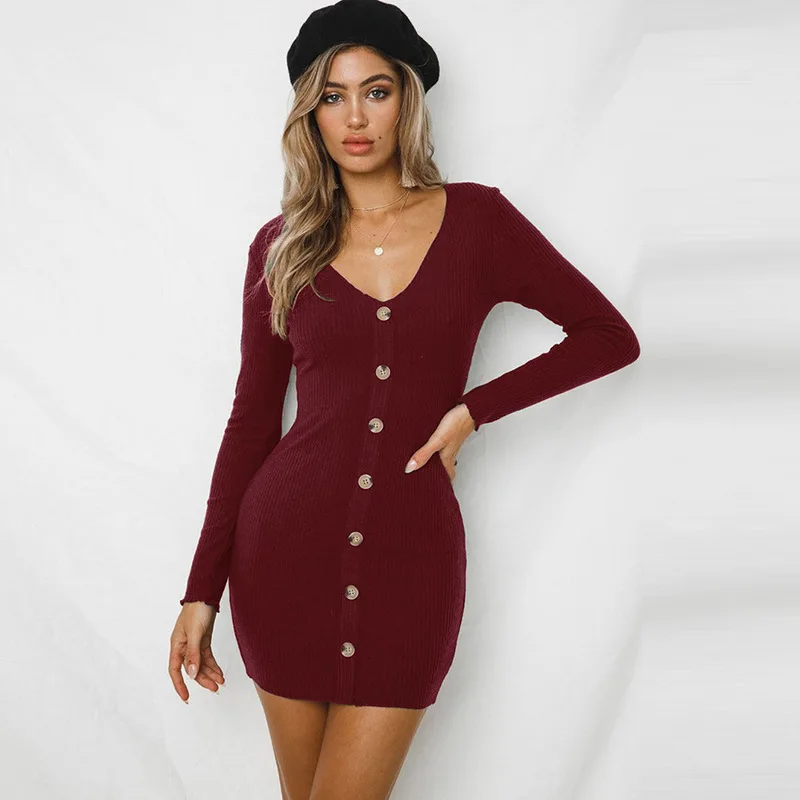

2019 spring and summer new European and American women's AliExpress sexy V-neck button long-sleeved slim dress