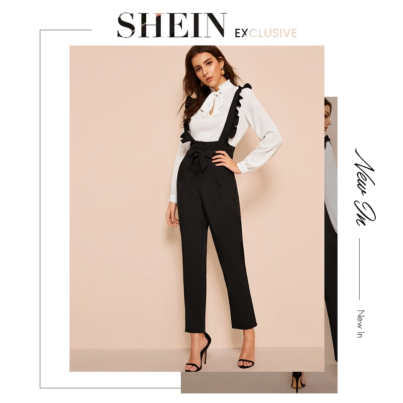 SHEIN офисные женские черные брюки с поясом и пуговицами, женские весенне-осенние однотонные Длинные прямые брюки