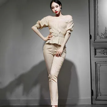 

CBAFU summer OL office lady work wear 2 piece set striped off the shoulder blouse top long pants suit business women suit D865