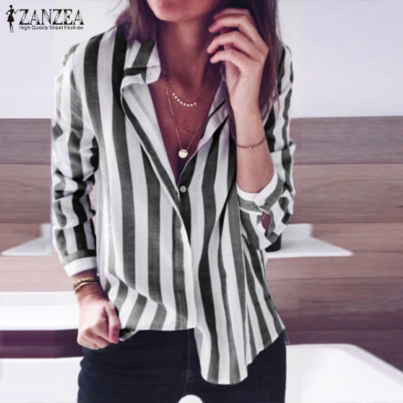 

2019 Autumn Blouse ZANZEA Elegant Women Striped Shirt Casual Lapel Neck Long Sleeve Buttons Down Work OL Blusas Top Plus Size