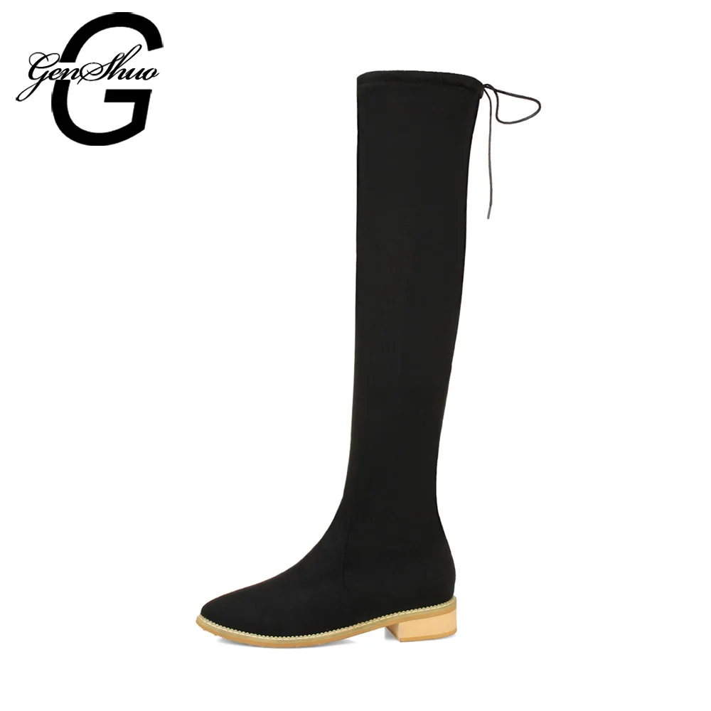 

GENSHUO Women's Winter Boots Foot Wear Boots Rubber Low Heeled Shoes High Boots Booties Flock Fur Elastic Black Grey Big Size 43