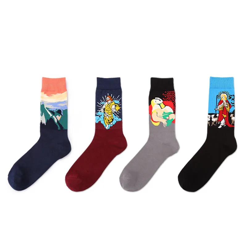 

2018 New Men Women Cotton Socks Art Painting Character Pattern Calcetines Van Gogh Socks paragraph abstract art oil painting