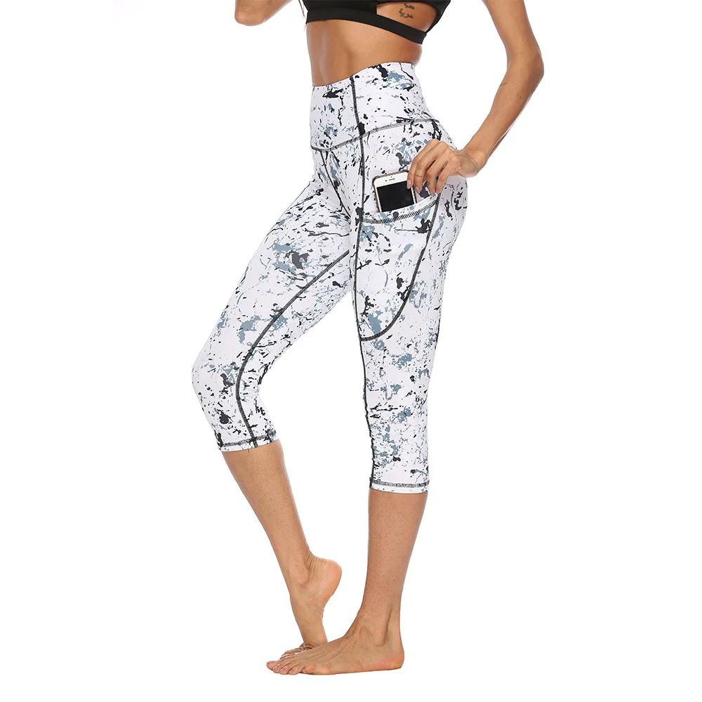 

GXQIL 3/4 Yoga Pants Print Sport Gym Leggings 2019 Dry Fit Leggings Sport Women Fitness High Waist Legging Summer Sports Pants S