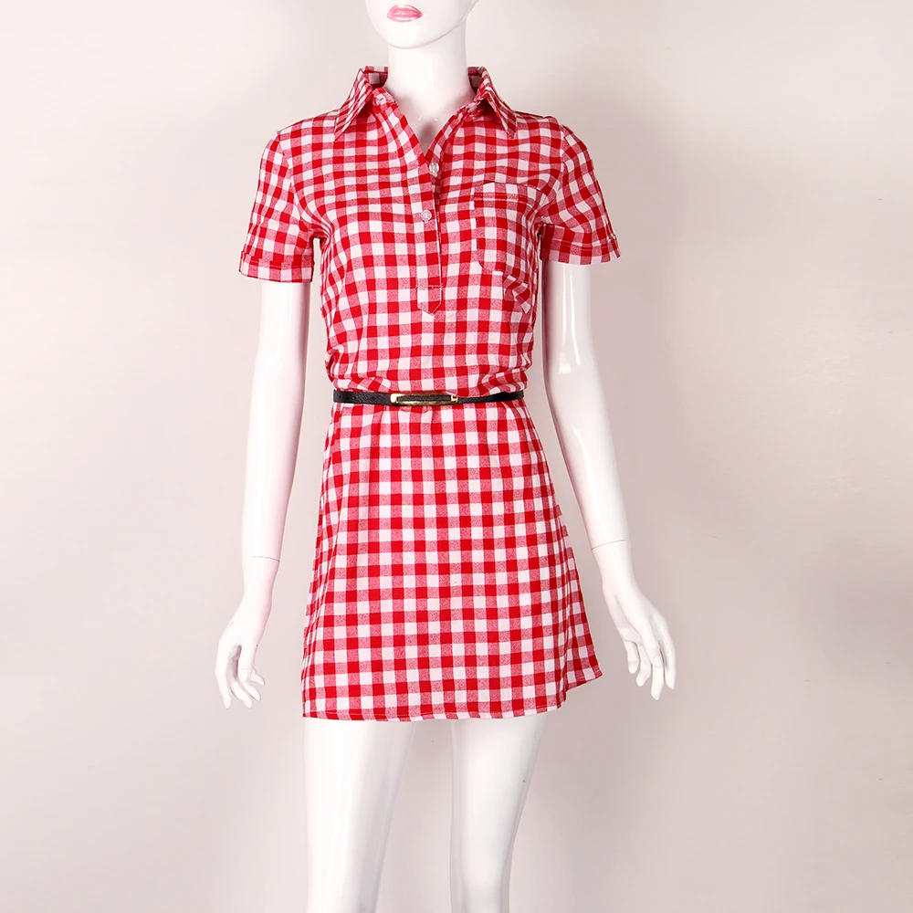 Women Vintage Red Plaid Dresses 2018 Summer Turn down Collar Short Sleeve Dress Casual Office