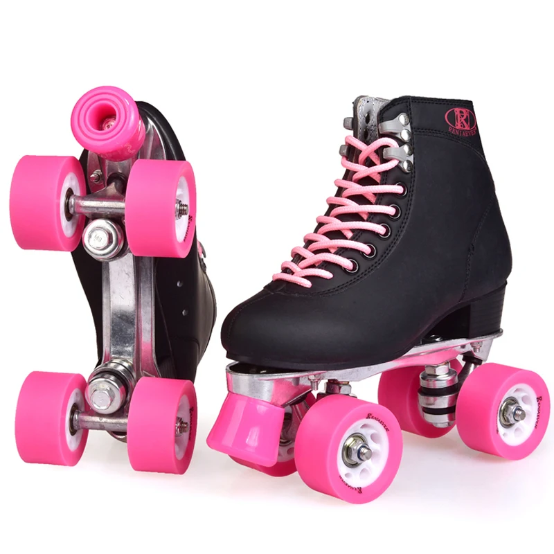 صف مزدوج الزلاجات ، أربع عجلات الكبار الأسطوانة التزلج حلبة ، المعادن سوليد ، حذاء أسود ، الوردي عجلة ، الشارع زلاجات دوارة