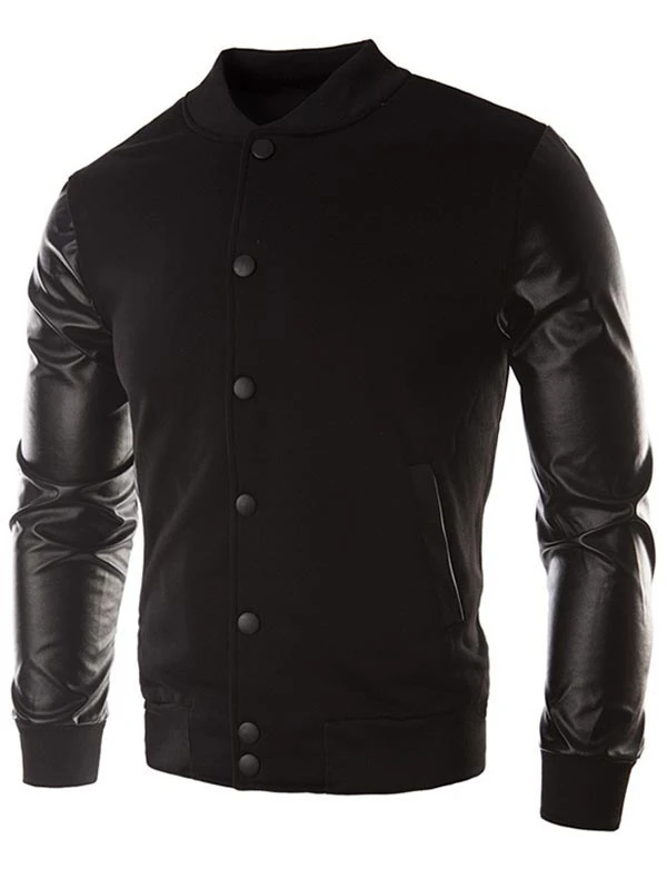 

Stand Collar Casual Long Sleeve Faux Leather Sleeve Casual Men Coats Slim Fit College Jackets casaco masculino