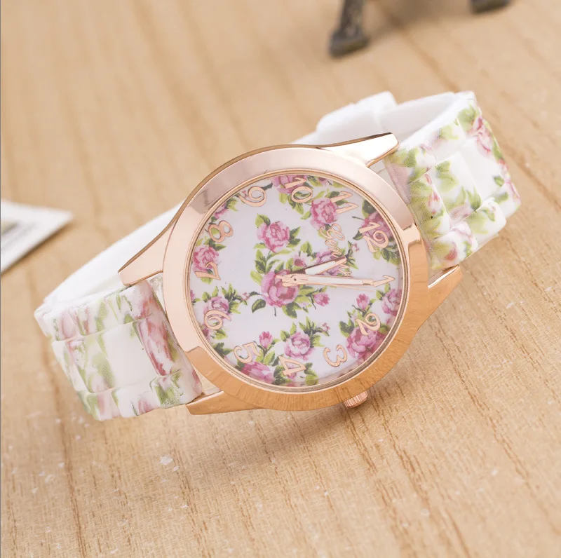 

Hot Sales Vintage Geneva Brand Flower Pattern Silicone Watch Women Ladies Dress Quartz WristWatch Relogio Feminino