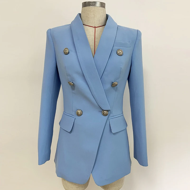 High Quality 2019 Formal Slim Blazer For Women Silver Lion Buttons Double Breasted Office Ladies Blazers Jacket Coat Veste Femme