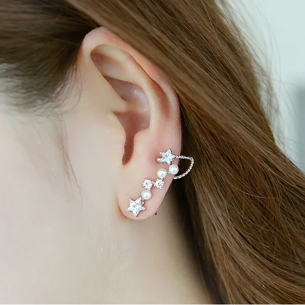 Korea Zircon Stars Simulated Pearl Clip Earrings for Women Girls Sweet Constellation Ear Cuff
