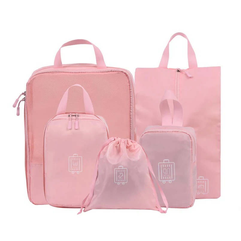 Pink 5pcs/Set Travel Storage Bag Set Luggage Organizer Clothes Shoes Underwear Pouch Case