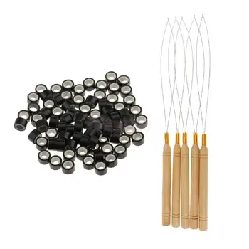 

5pcs Wooden Handle Hair Extensions Loop Needle Threader Wire Pulling Hook Tools + 1000pcs Silicone Microlink Ring Beads Black
