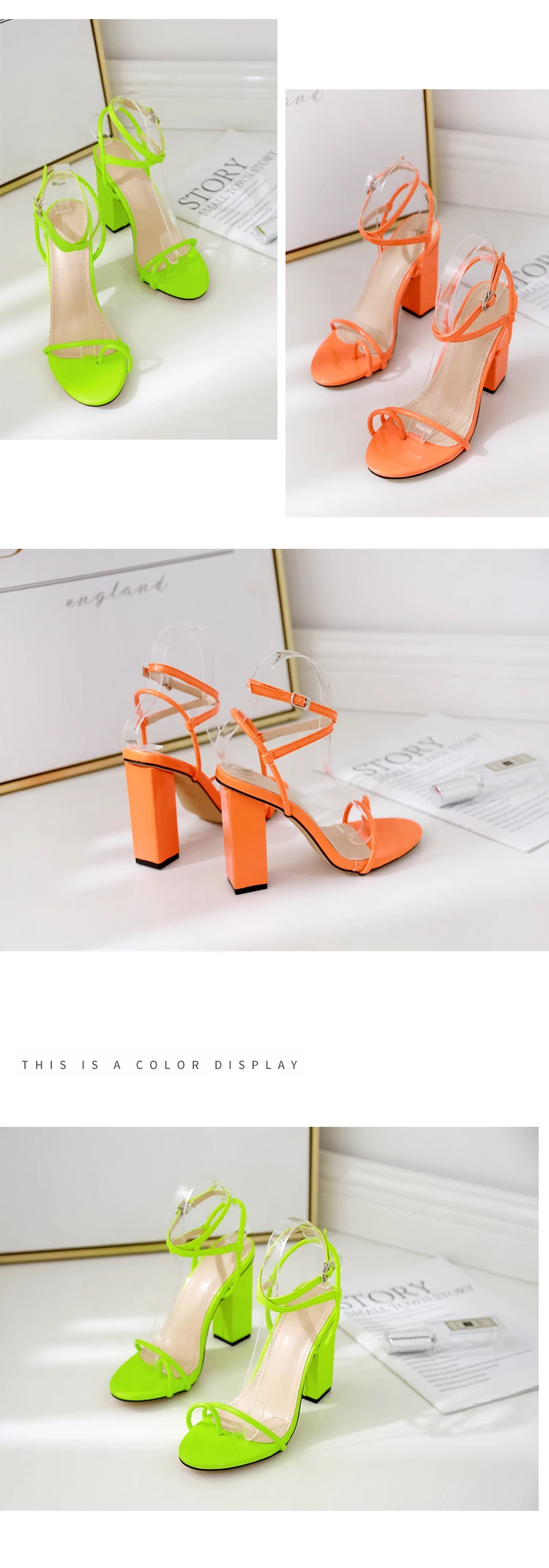 Aneikeh/ г. Модные Классические босоножки из pu искусственной кожи женские туфли на высоком квадратном каблуке с тонким ремешком, с круглым носком, с пряжкой, вечерние офисные туфли оранжевого и зеленого цвета, размеры 35-40