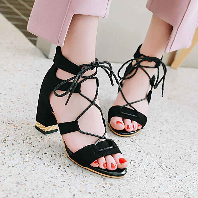 

European street style comfortable summer sandals fashion lace-up black red beige zipper high heels chunky women shoes big size