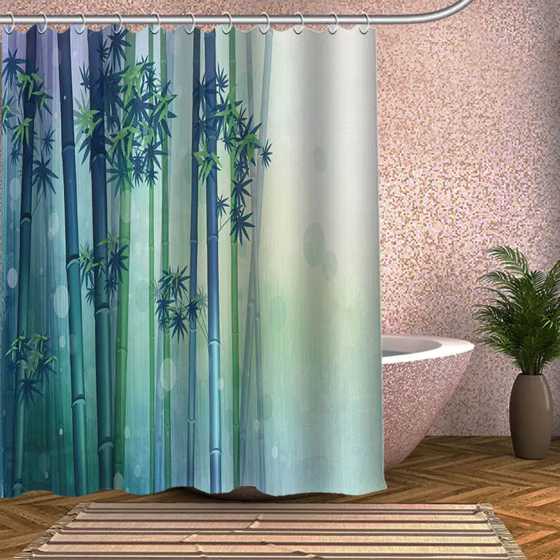 Custom Shower Curtain Decor Bamboo 3D Printing Polyester Bath Curtains 12 hooks 