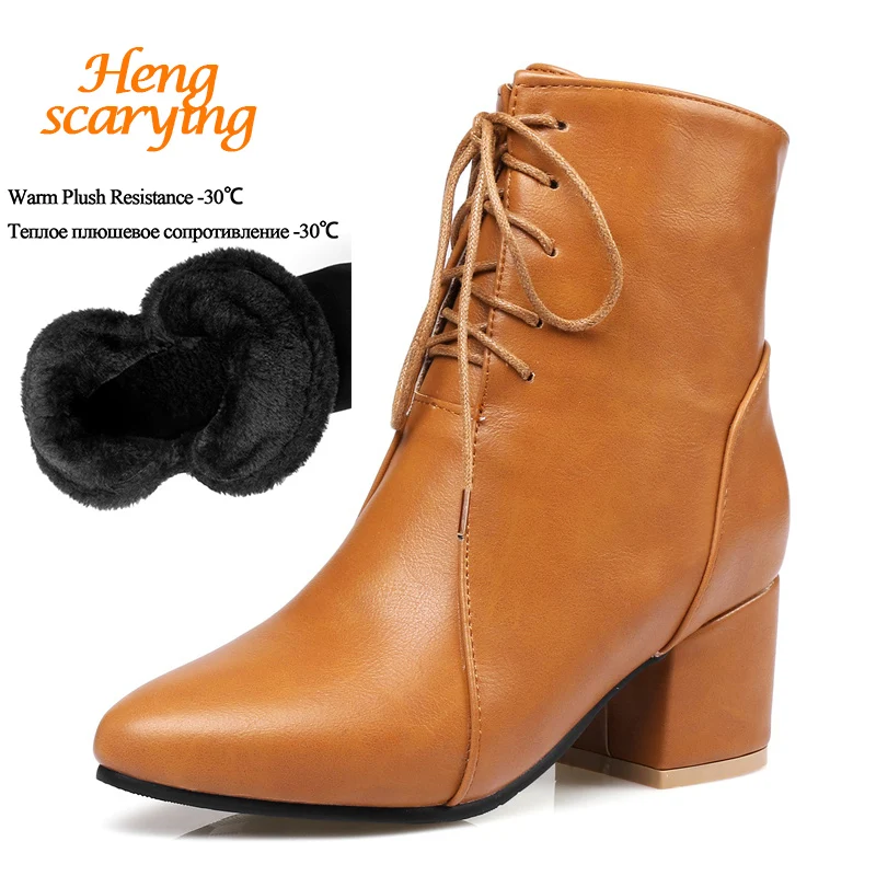 

2018 Women Plus Size 45 Winter Snow Ankle Martins Boots Female Brogue Lace Up Brown Booties Lady Heels Dress Pointed Toe Shoes