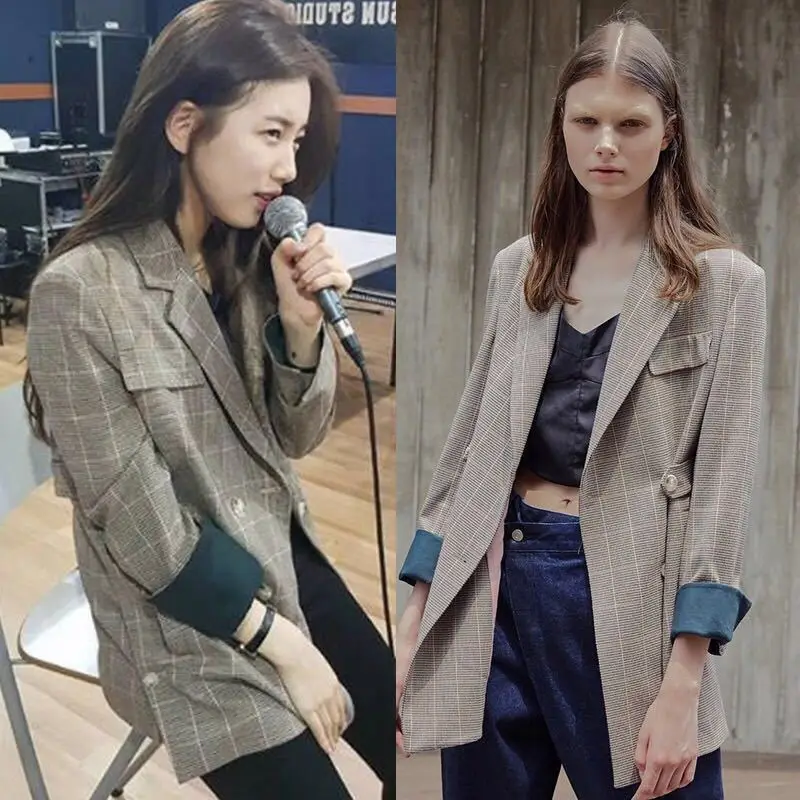 

2019 New Pei Xiuzhi Stars Same Plaid Small Suit Jacket Retro Loose Suit Women Plaid fashion Blazers Long Sleeve Suit women coat