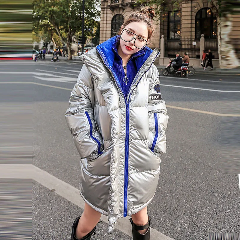 Silver White Новая Серебристая Глянцевая зимняя куртка для женщин большого размера, свободное теплое зимнее пальто для женщин с воротником-стойкой, толстая Длинная женская зимняя куртка 487 - Цвет: Silver White