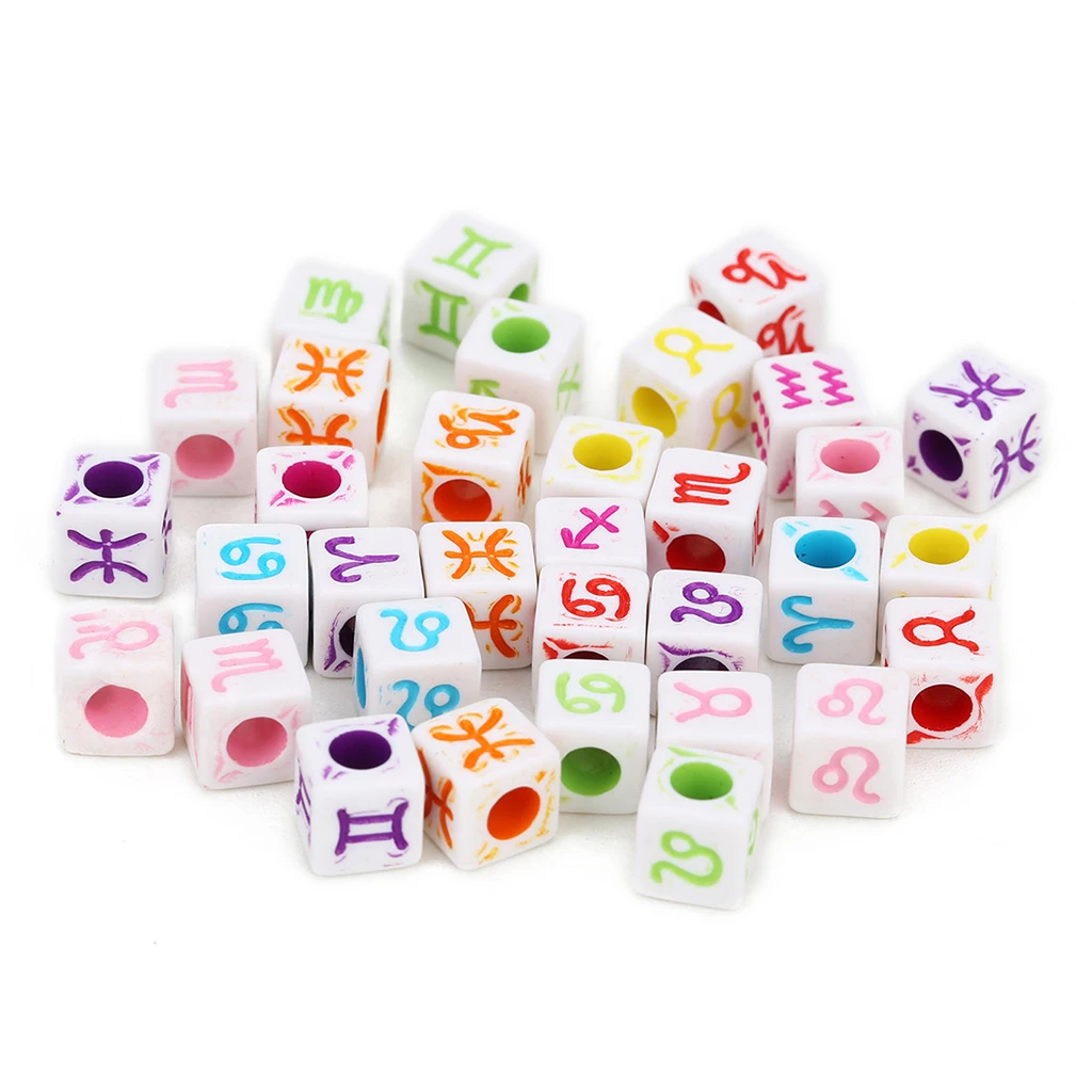 100pcs Acrylic Zodiac Cube Beads Charms Large Hole Beads for jewelry making, Bracelets, Necklaces, Key Chains and DIY Craft