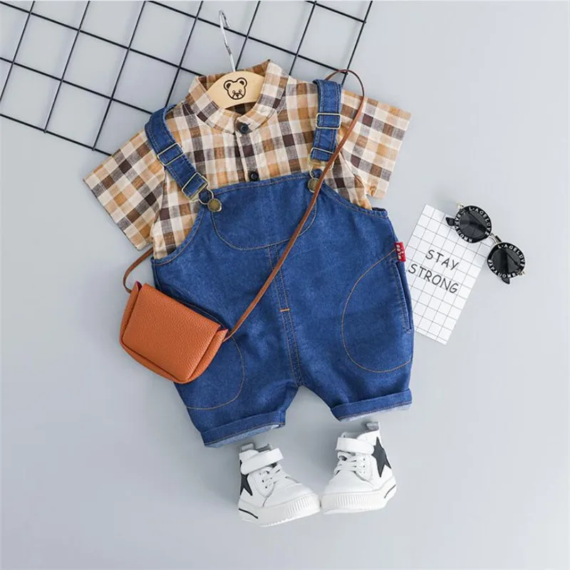 

Abrache Baby Boy&Girl Set Clothes 2019 Summer Cartoon Cotton Short Sleeve Plaid Shirt+Bib pants Sets Children Fashion Two-piece