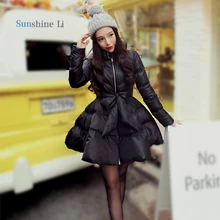 New Arrival Bow Waist Fluffy Skirt A Warm Coat Jacket Parkas For Women Winter Women Down And Parkas 2016 Long A1