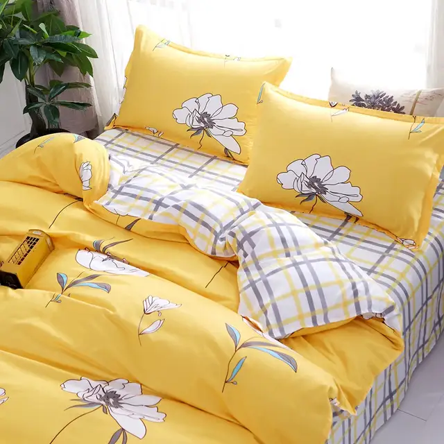 Yellow White Flower Bedding Set Gray Plaid Bed Sheet Cartoon Duvet