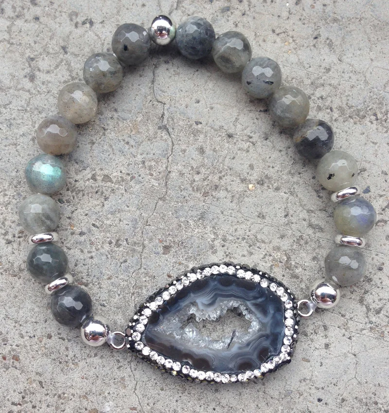 

YA2276 Natural Geode Agat Stone Agat Druzy Pave CZ Crystal Labradorite Beads Elastic Rope Bracelet 6.5inch long 8mm