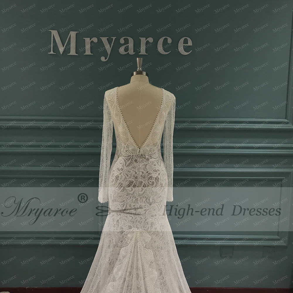 Mryarce 2019 Unique Bride V Neck Open Back Lace Long Sleeves Wedding Dress Front Slit Chic Style Bridal Gowns  (1)